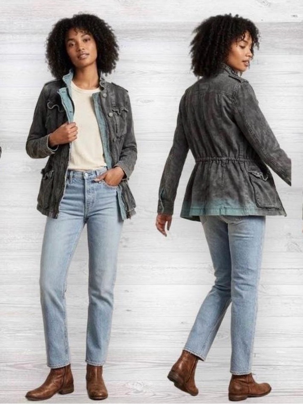Free People Washed Charcoal Utility Jacket with Teal Trim